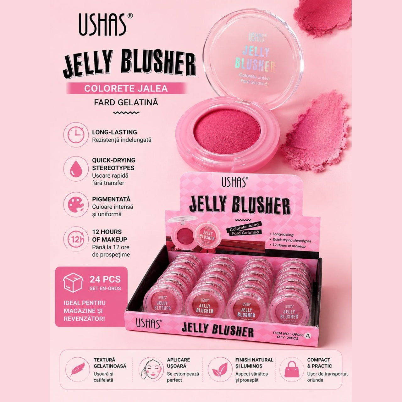 Set 24 Blush Jelly Ushas – Fard de Obraz Gelatină, Efect Natural, Textură Lejeră și Rezistență Îndelungată