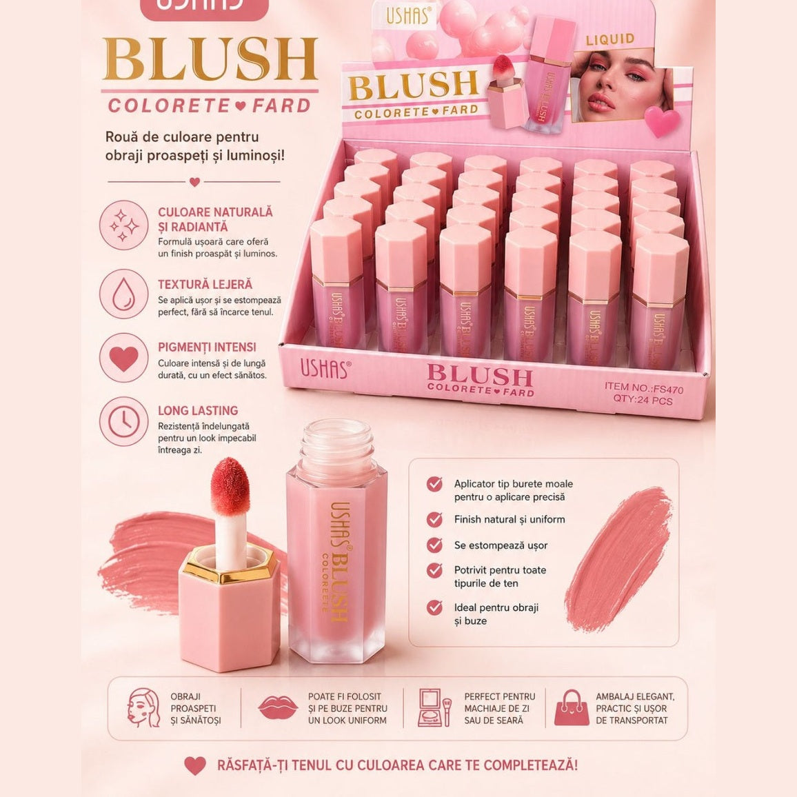 Set 24 Blushuri Lichide USHAS – Fard de Obraz Lichid cu Aplicator Burete, Finish Natural