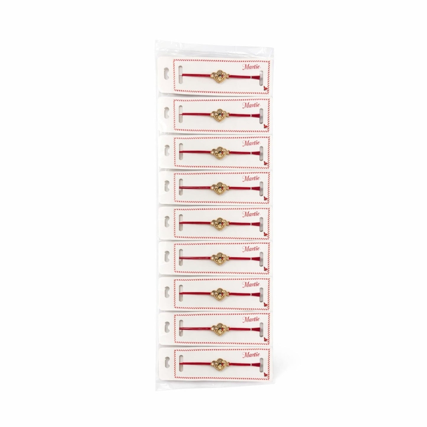 Set 24 bratari martisor 12x3 cm snur rosu cu charm inima albastra, cadou primavara