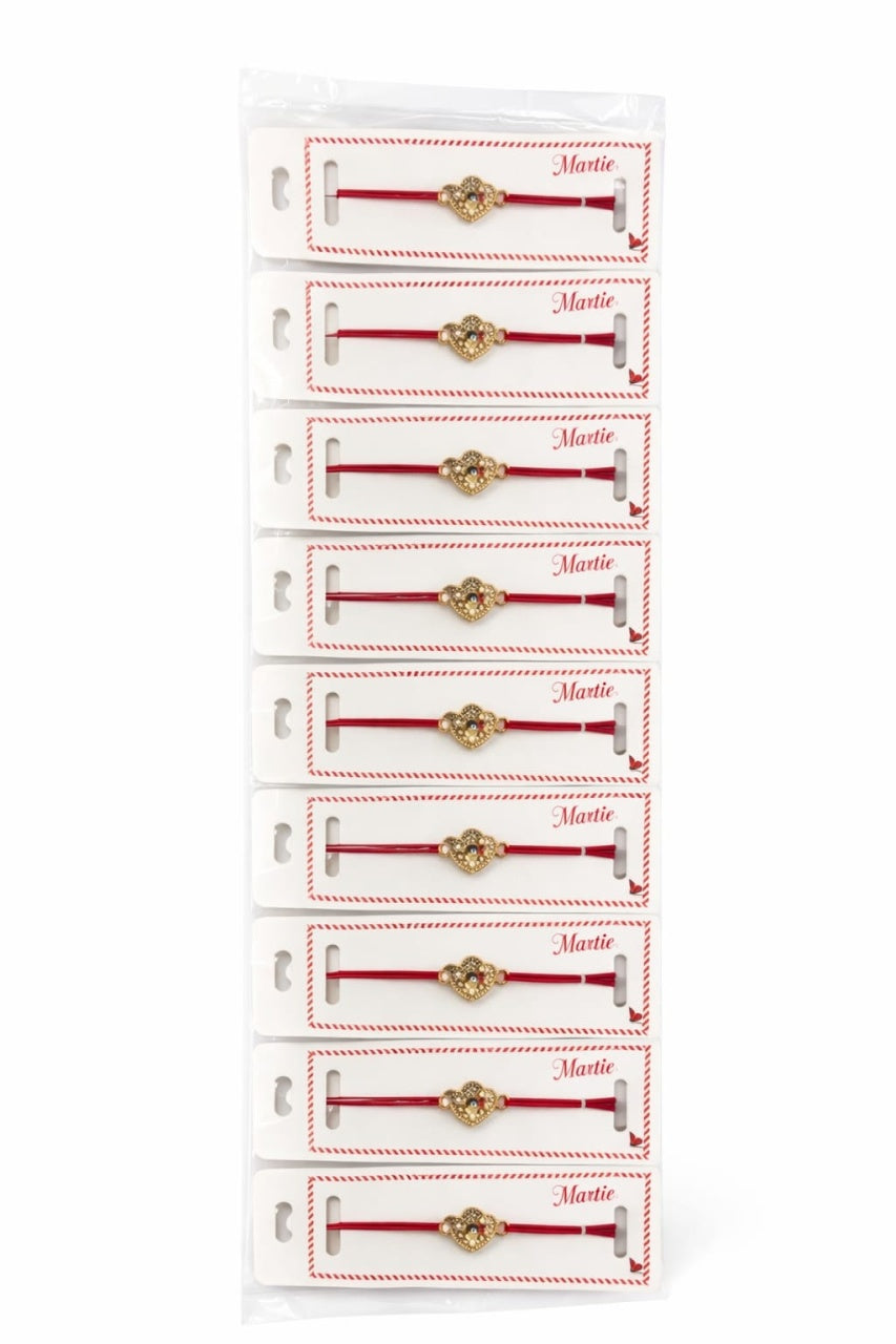 Set 24 bratari martisor 12x3 cm snur rosu cu charm inima albastra, cadou primavara