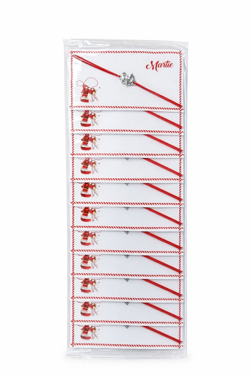 Set 24 bratari martisor 8x5 cm snur rosu cu charm bufnita, cadou primavara