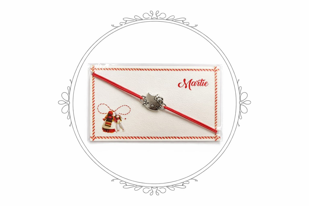 Set 24 bratari martisor 8x5 cm snur rosu cu charm pisicuta, cadou primavara
