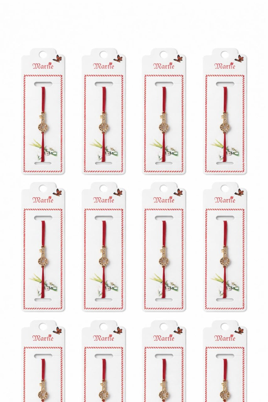 Set 24 Bratari Martisor Cheia Succesului Aurie cu Strasuri, Snur Rosu, 12x3 cm