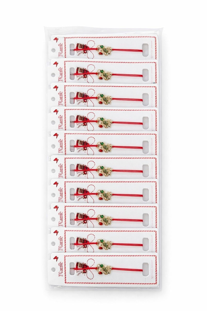 Set 24 Bratari Martisor cu Cosulet Auriu, Ghiocei si Buburuza, Snur Rosu Elastic