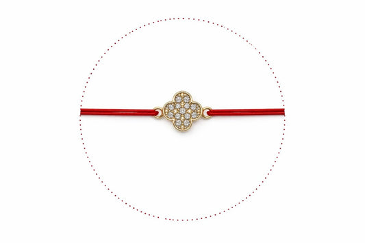Set 24 Bratari Martisor cu Floare Aurie si Strasuri, Snur Rosu Elastic
