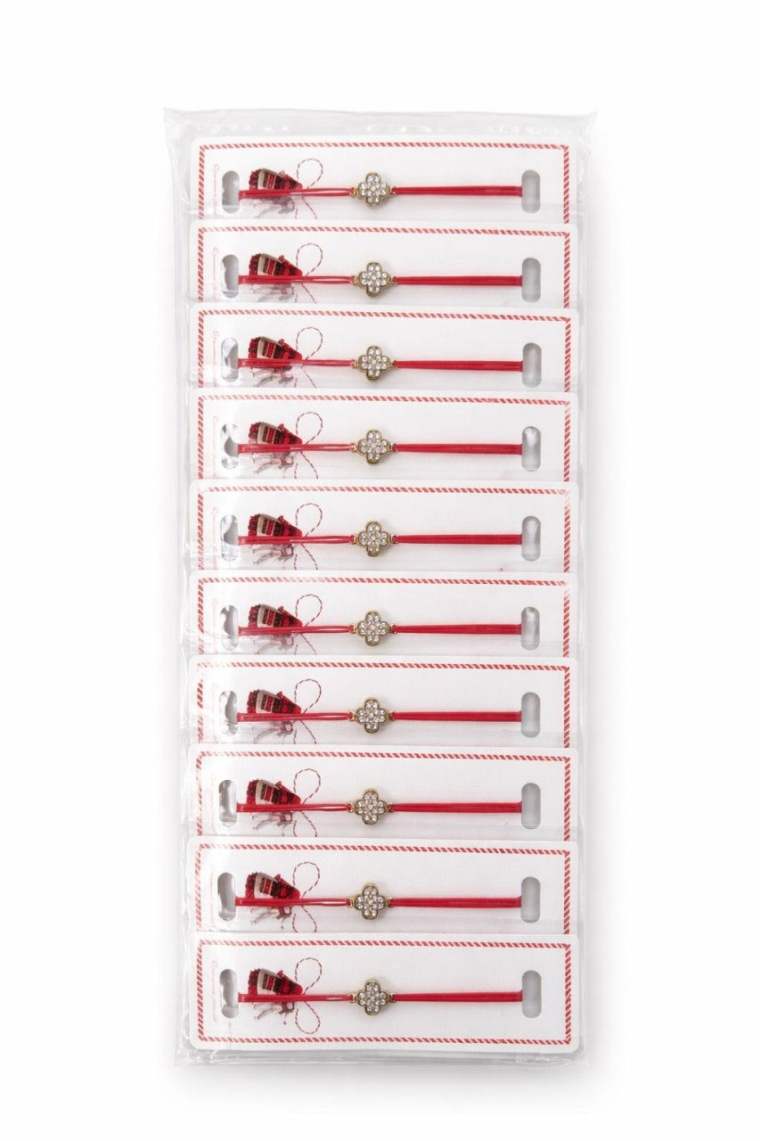 Set 24 Bratari Martisor cu Floare Aurie si Strasuri, Snur Rosu Elastic