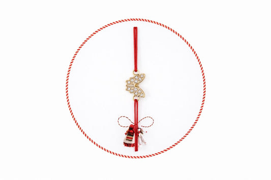 Set 24 Bratari Martisor cu Fluturas Auriu si Strasuri, Snur Rosu Elastic