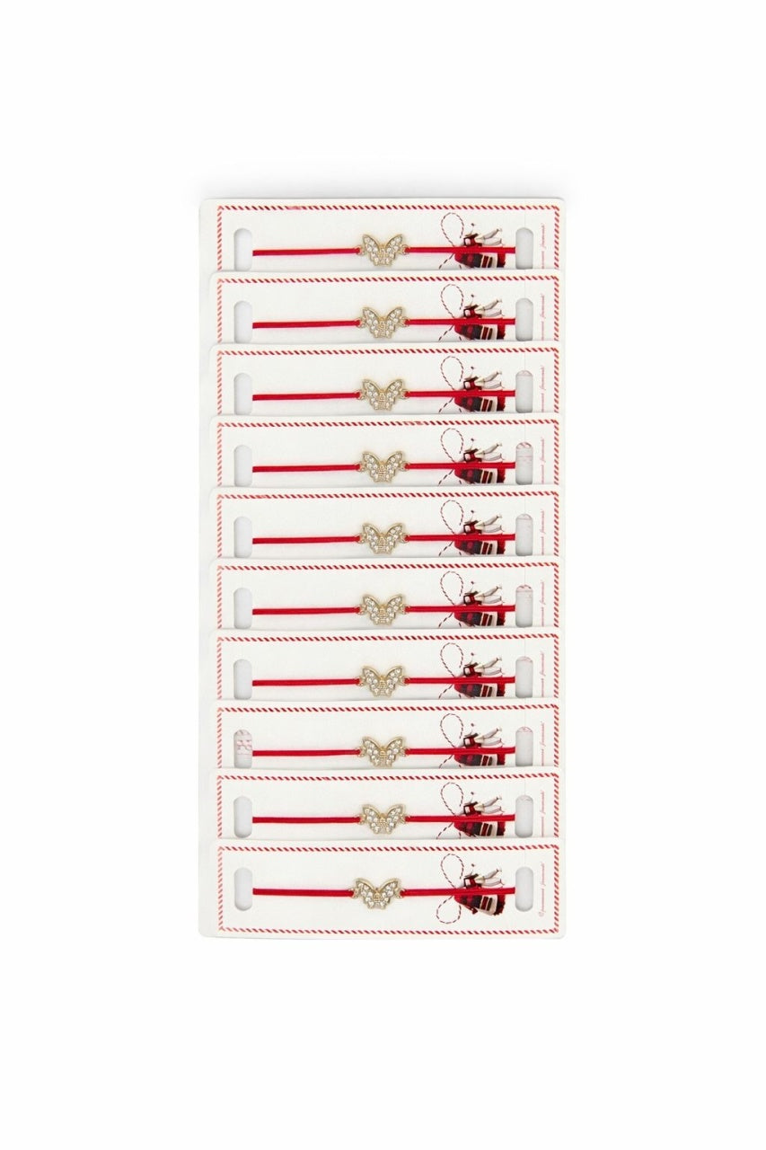 Set 24 Bratari Martisor cu Fluturas Auriu si Strasuri, Snur Rosu Elastic