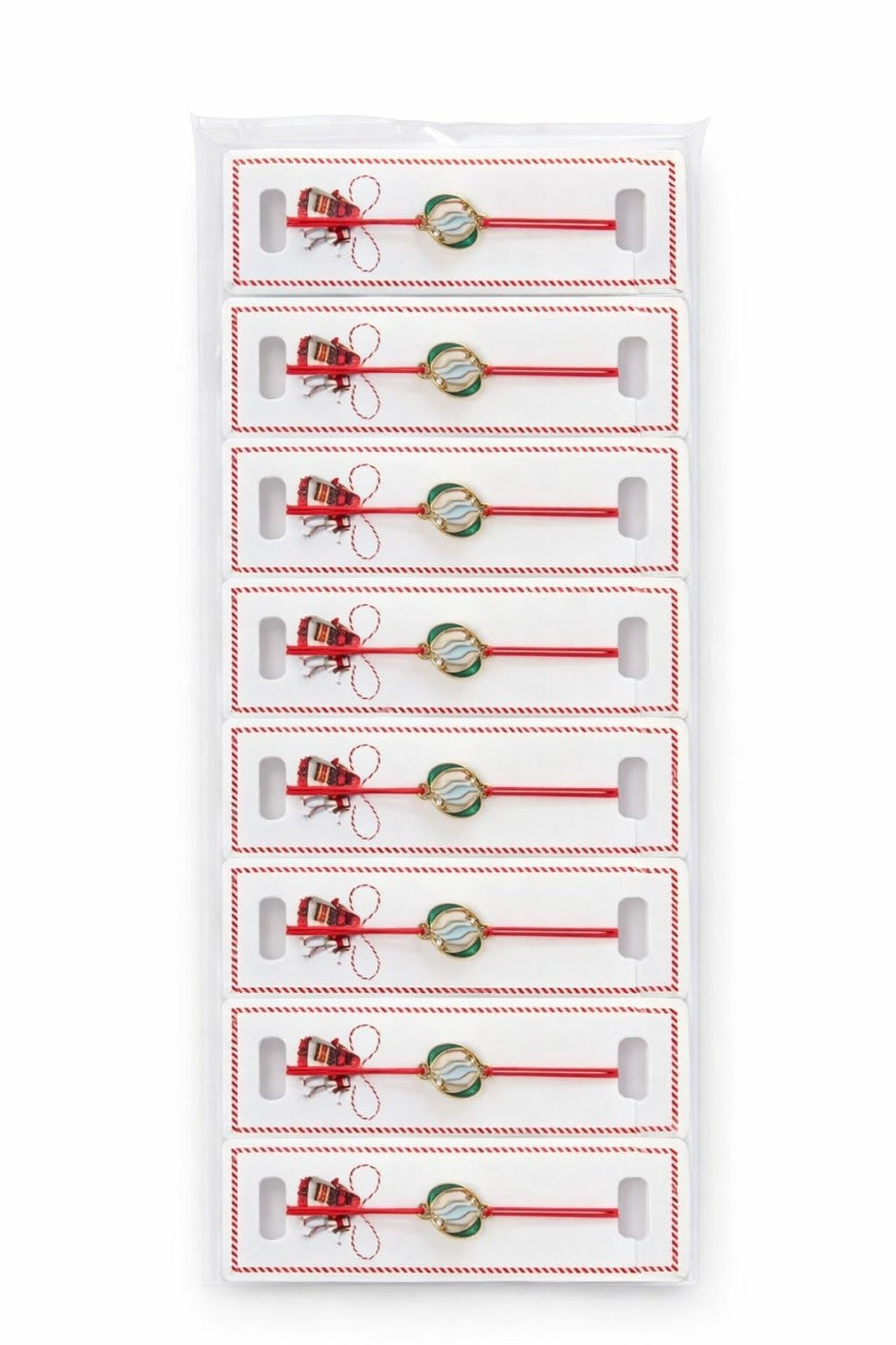 Set 24 Bratari Martisor cu Lalea Alba si Frunze, Snur Rosu Elastic, 12x3 cm