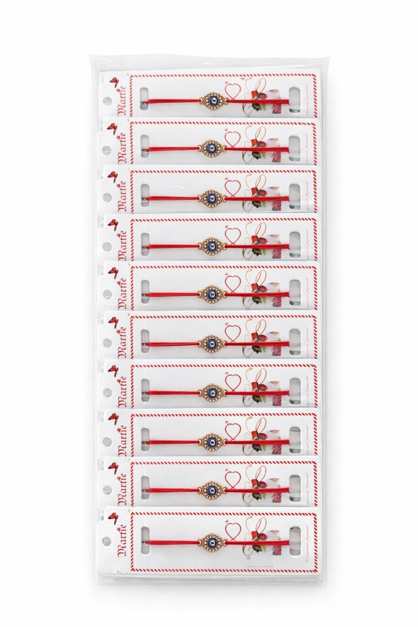 Set 24 Bratari Martisor cu Ochi Protector Auriu si Strasuri, Snur Rosu Elastic, 12x3cm