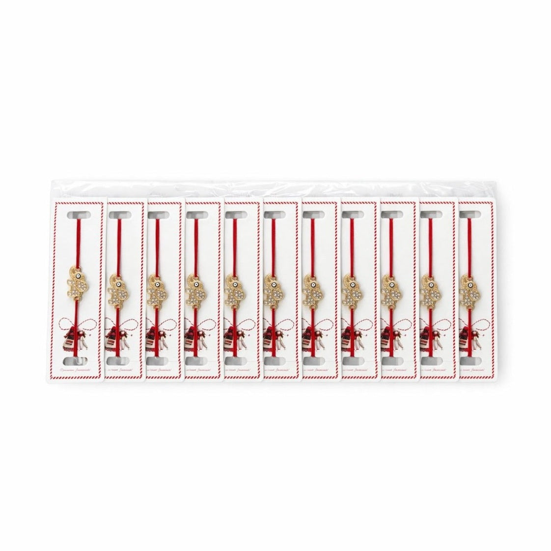 Set 24 bratari martisor cu snur rosu elastic, elefant auriu cu strasuri