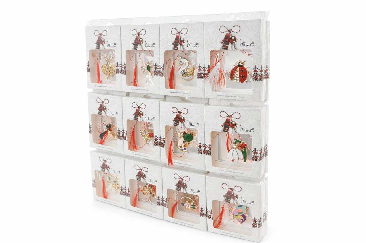 Set 24 brose martisor elegante modele combinate ambalaj individual 8x6 cm
