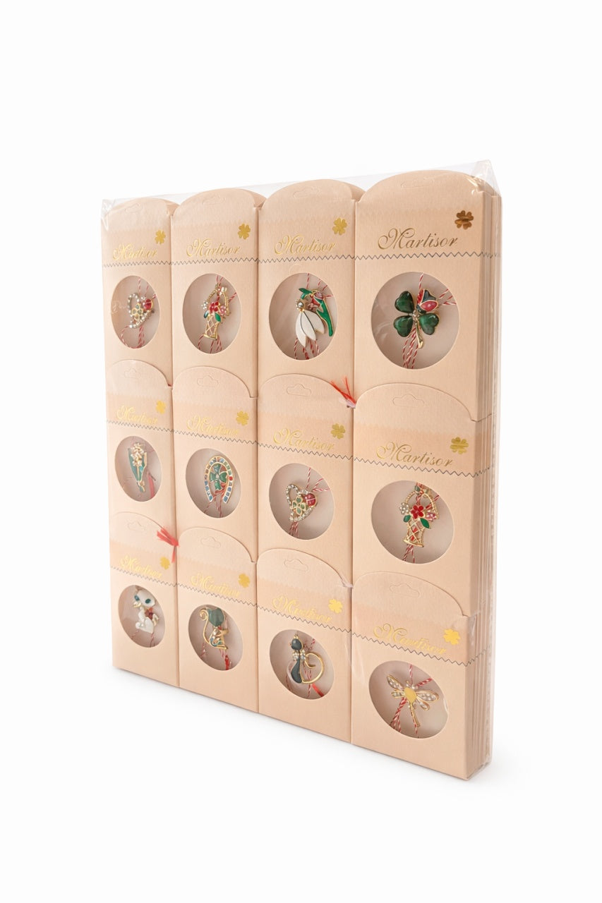 Set 24 Brose Martisor Metalice cu Snur Traditional, Ambalate Individual, Cadou 1 Martie 11x6 cm