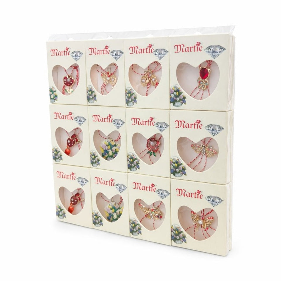 Set 24 Brose Martisor Premium cu Stralucire Eleganta , Modele Variate, Ambalaj Individual 9x7.5 cm