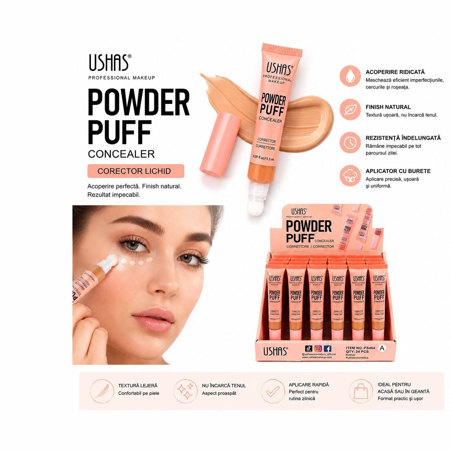 Set 24 Corector Lichid USHAS Powder Puff Concealer – Acoperire Ridicată, Aplicator Burete