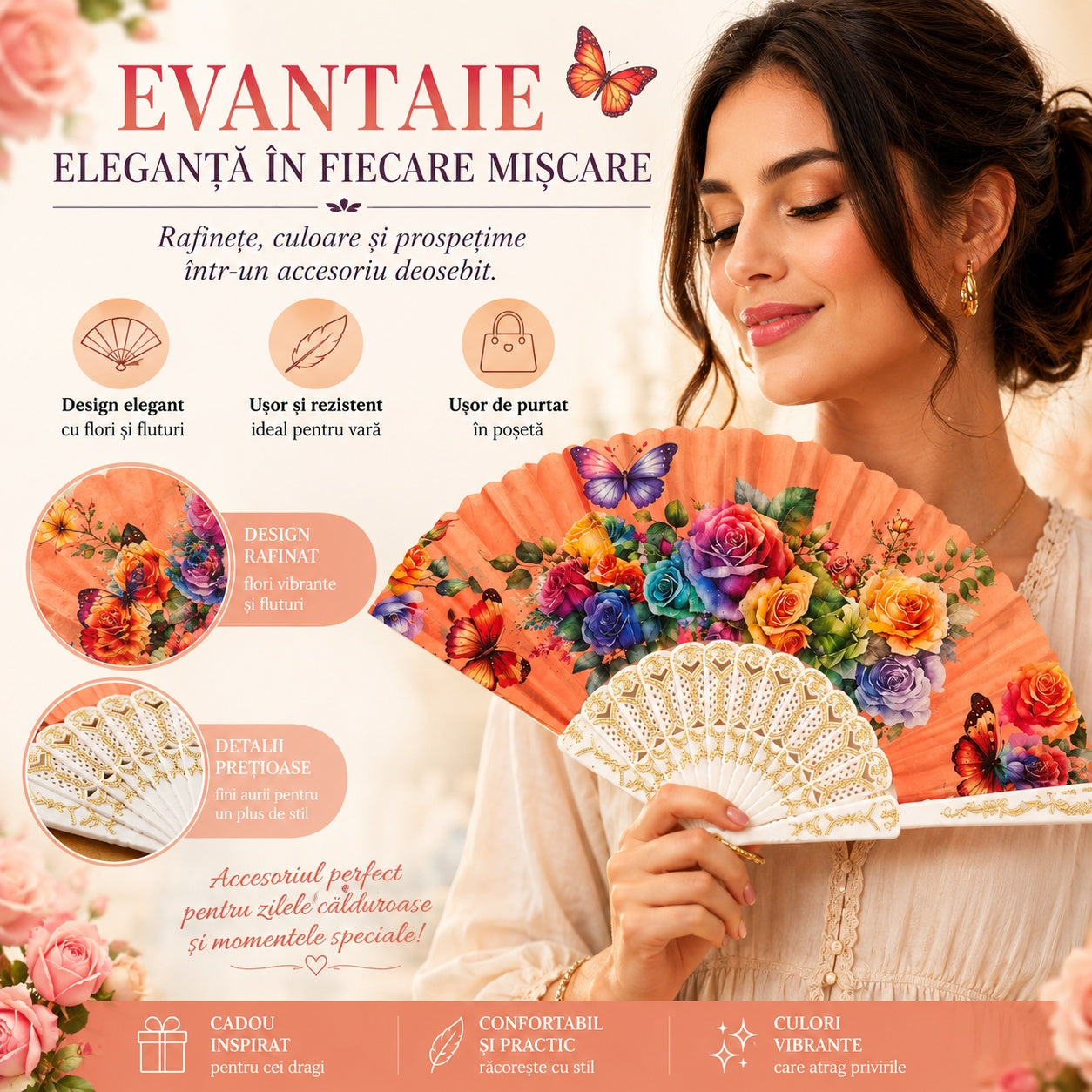 Set 24 Evantaie 23 cm – Modele Florale și Culori Diverse, Evantaie Elegante