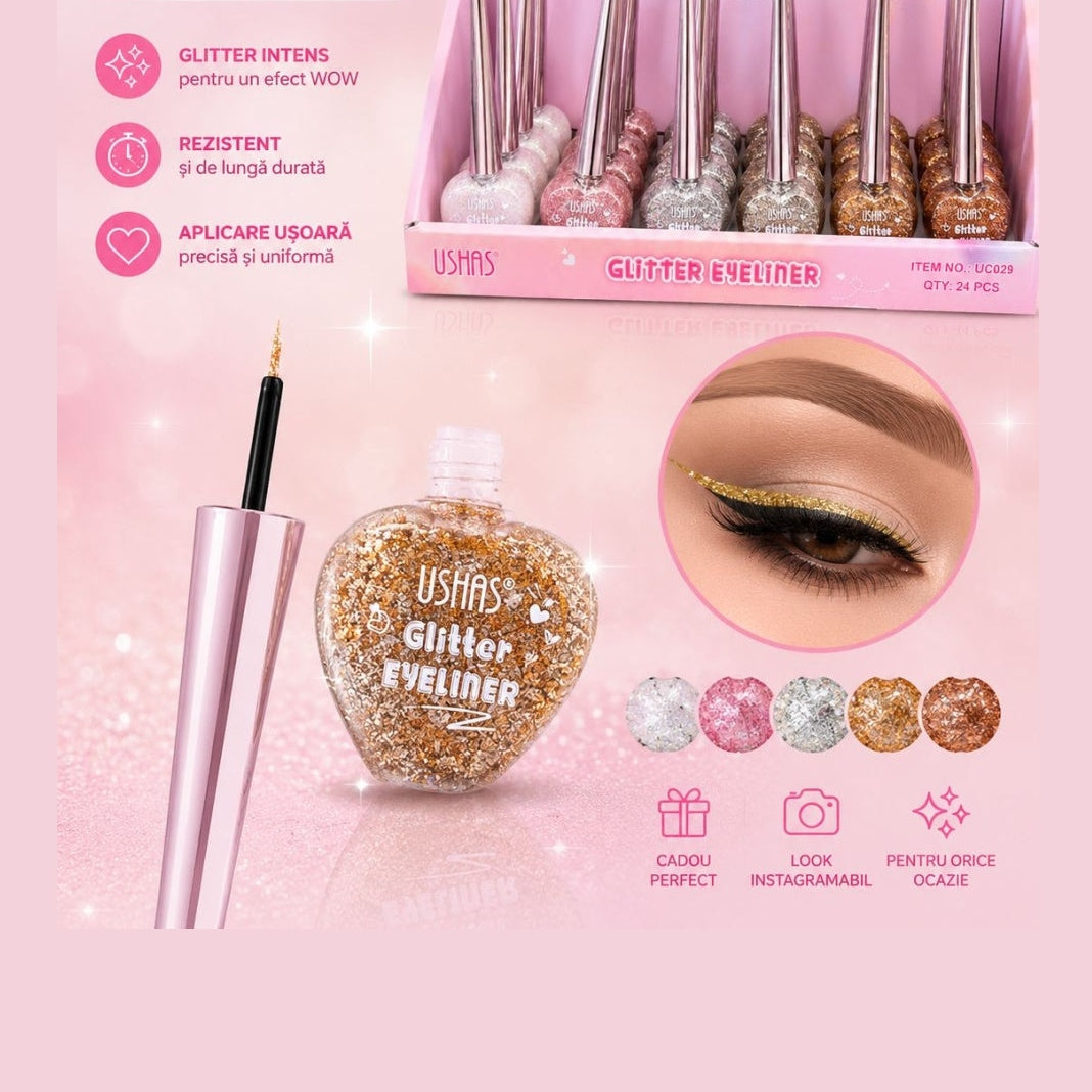 Set 24 Eyeliner cu Sclipici USHAS Glitter Eyeliner – 5 Nuanțe Strălucitoare, Rezistență Îndelungată