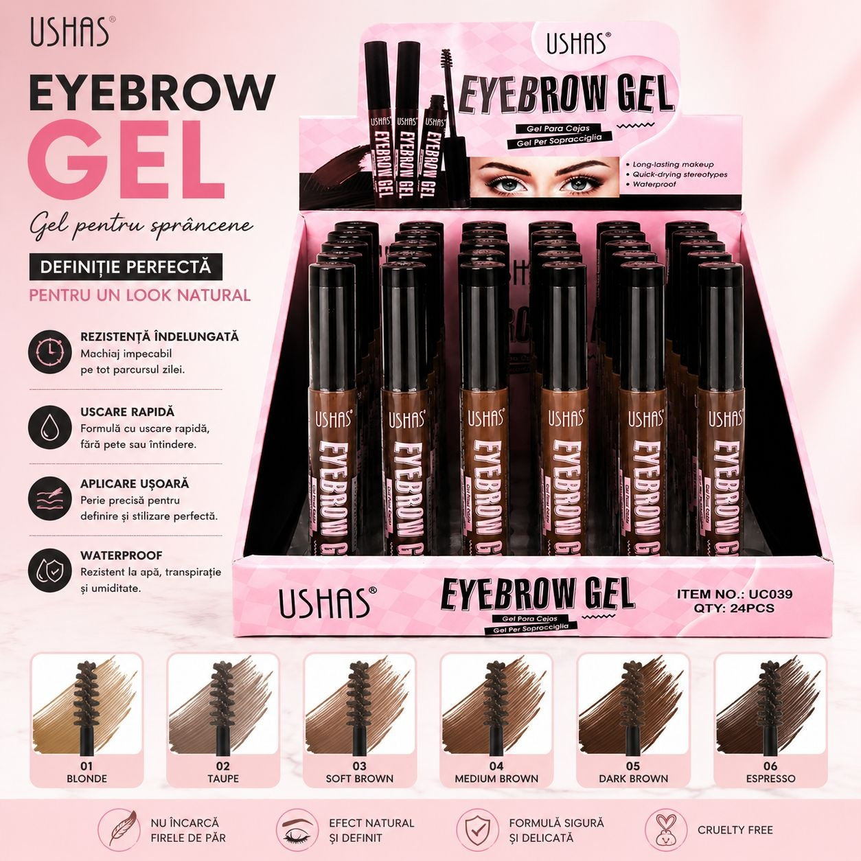 Set 24 Gel pentru Sprâncene USHAS Waterproof – Nuanțe Naturale de Maro pentru Definire și Fixare