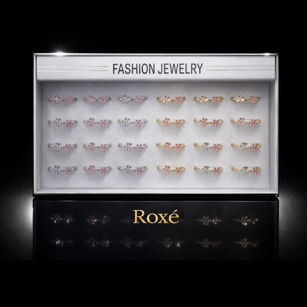 Set 24 inele dama elegante cu flori roz si pietre, auriu si argintiu, reglabile ROXE