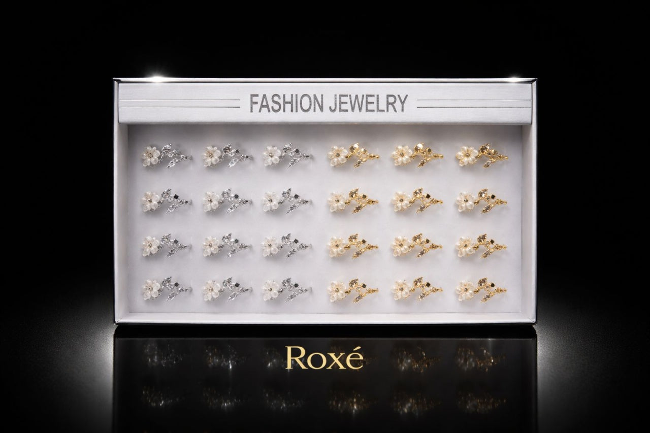 Set 24 inele dama elegante cu flori si pietre, auriu si argintiu, reglabile ROXE