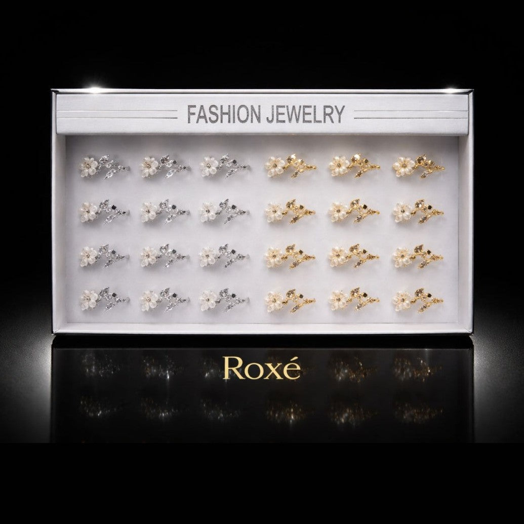 Set 24 inele dama elegante cu flori si pietre, auriu si argintiu, reglabile ROXE