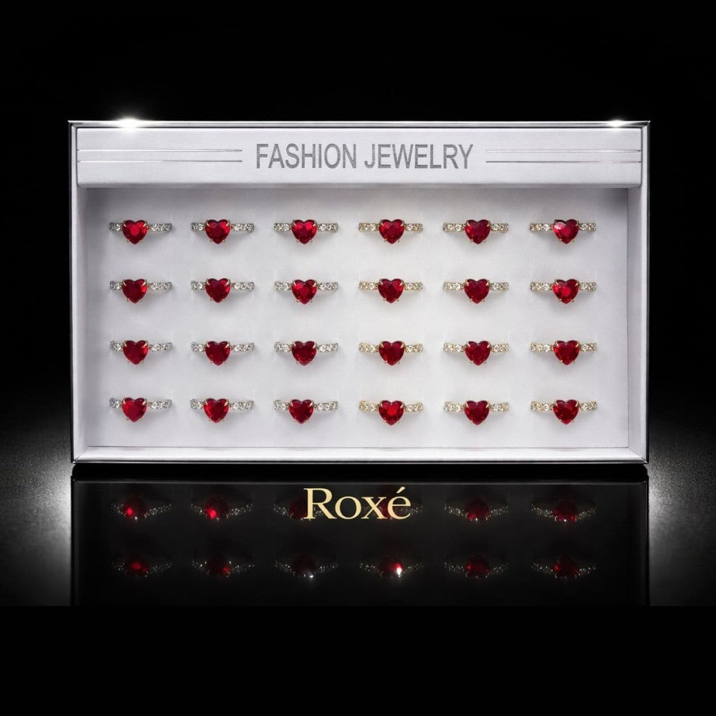 Set 24 inele dama elegante cu inimioara rosie, auriu si argintiu, reglabile ROXE