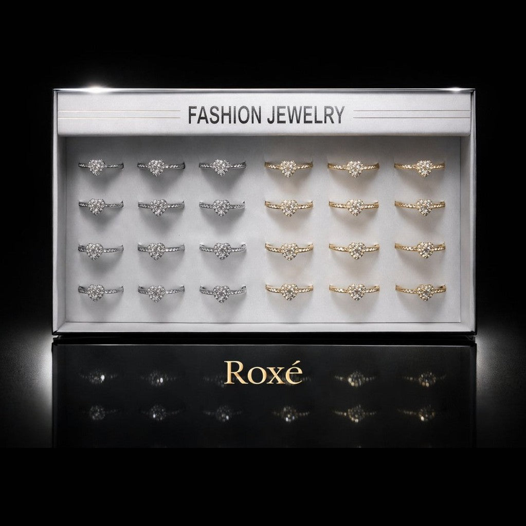 Set 24 inele dama elegante cu inimioara si pietre, auriu si argintiu, reglabile ROXE