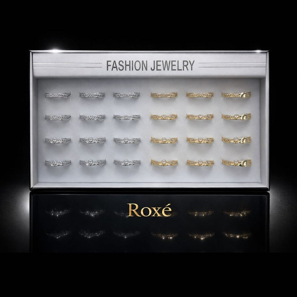Set 24 inele dama elegante cu pietre fine, auriu si argintiu, reglabile ROXE