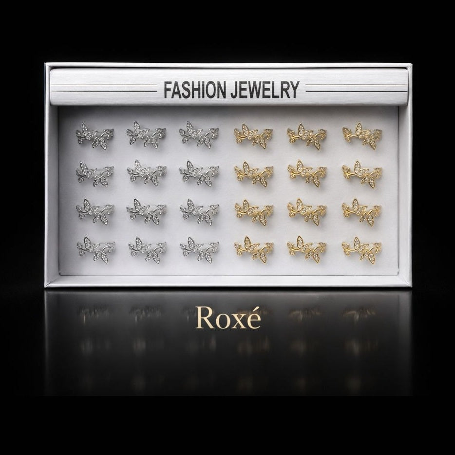 Set 24 inele dama elegante fluturi cu pietre, auriu si argintiu, reglabile ROXE