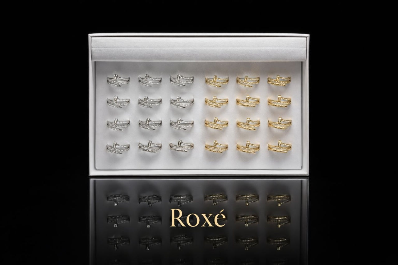 Set 24 Inele Reglabile Design Modern ROXE, Inoxidabil, Auriu si Argintiu