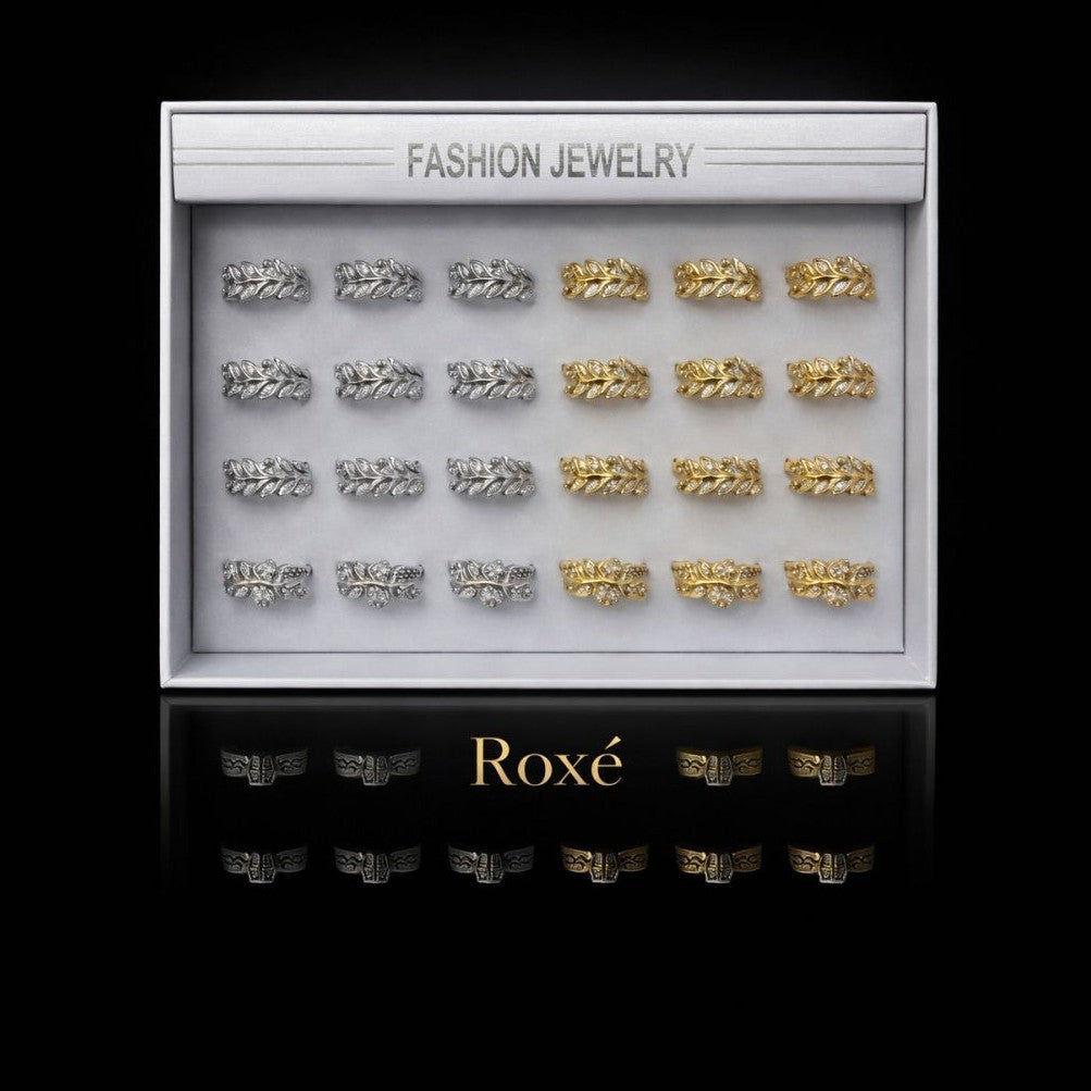 Set 24 Inele Reglabile Model Frunze ROXE, Inoxidabil, Auriu si Argintiu
