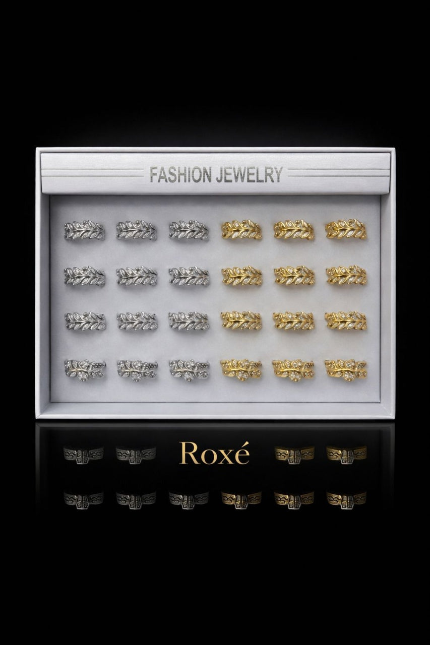 Set 24 Inele Reglabile Model Frunze ROXE, Inoxidabil, Auriu si Argintiu