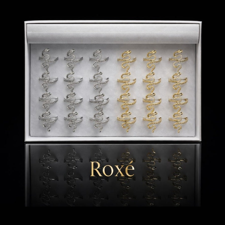 Set 24 Inele Reglabile Sarpe Elegant ROXE, Inoxidabil, Auriu si Argintiu