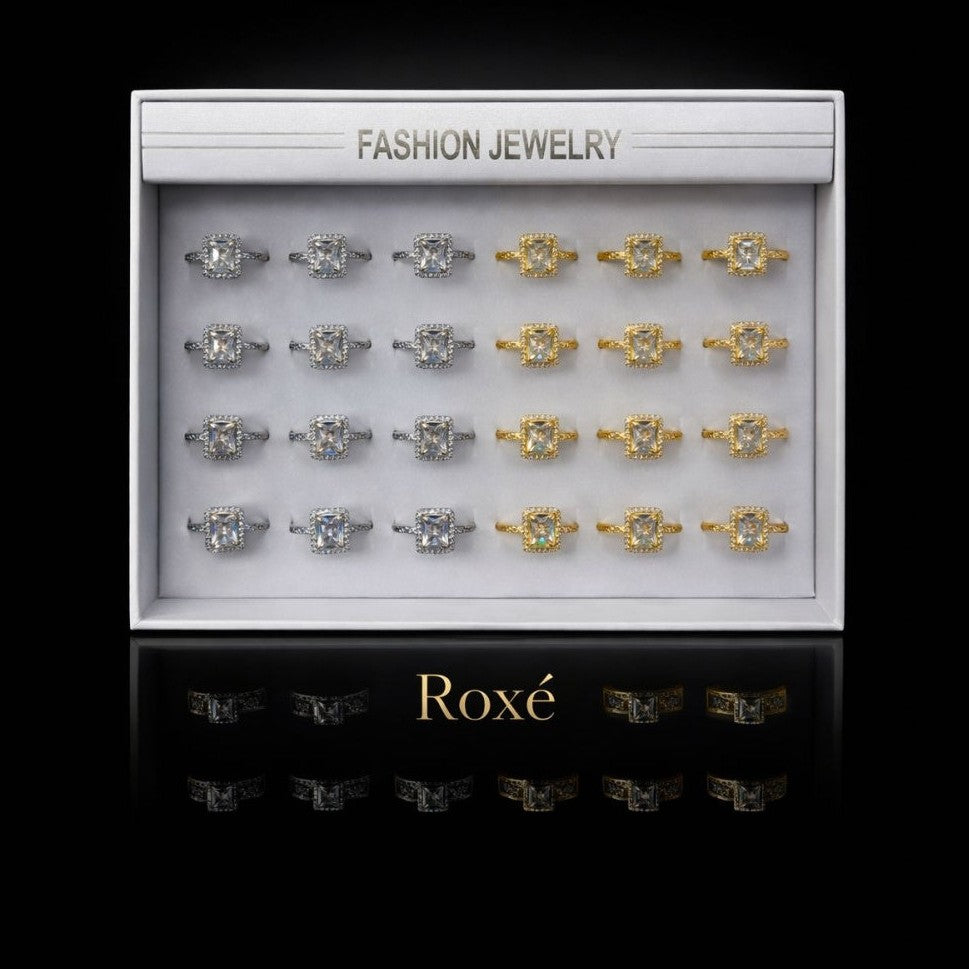 Set 24 Inele ROXE Diamond Square Luxury – Auriu & Argintiu, Reglabile, Cristal Central Elegant