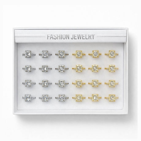 Set 24 Inele ROXE Diamond Square Luxury – Auriu & Argintiu, Reglabile, Cristal Central Elegant