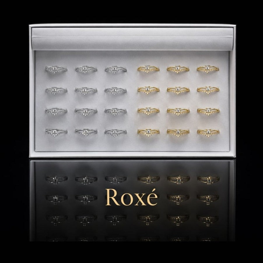 Set 24 Inele ROXE Elegance Glow – Auriu & Argintiu, Reglabile, Design Fin cu Cristale Strălucitoare