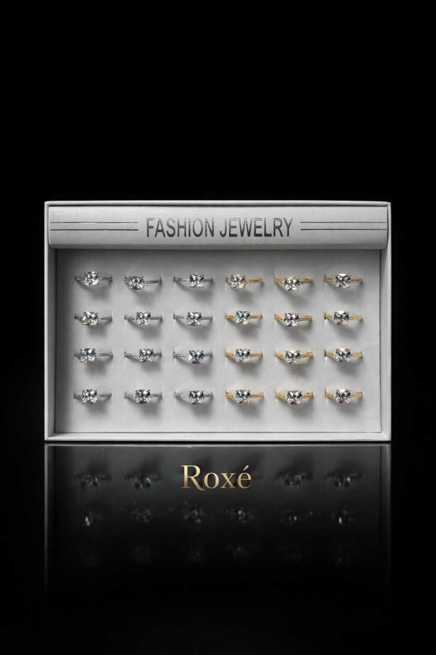 Set 24 inele ROXE elegante argintii si aurii cu pietra stralucitoare ajustabile