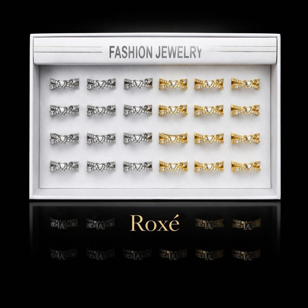 Set 24 Inele ROXE Heart Crystal Elegance – Auriu & Argintiu, Reglabile, Design cu Inimă Centrală și Cristale