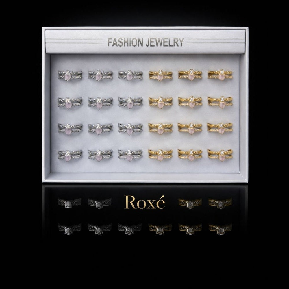 Set 24 Inele ROXE Romantic Heart Glow – Auriu & Argintiu, Reglabile, Design Elegant cu Inimă Roz