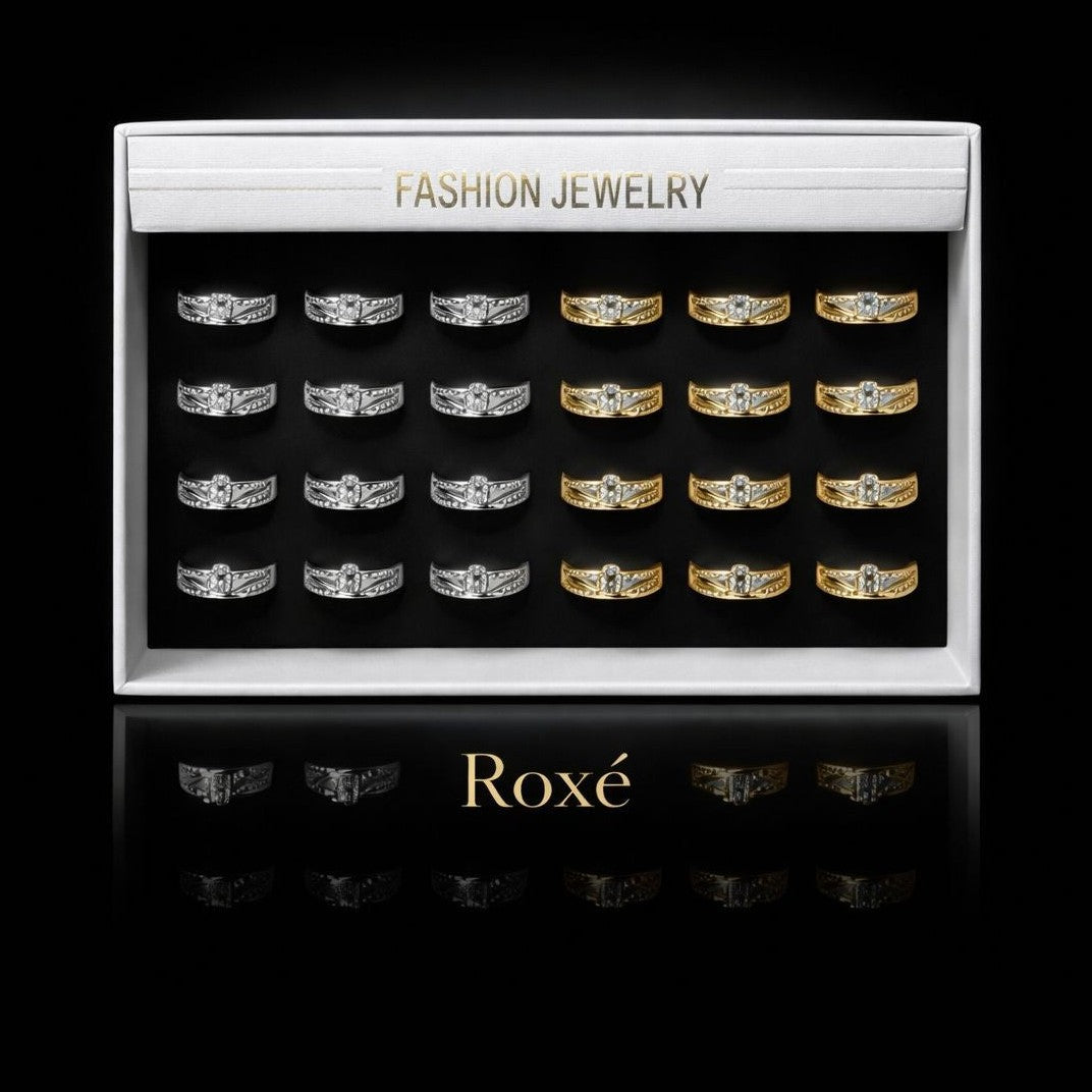 Set 24 Inele ROXE Royal Shine – Auriu & Argintiu, Reglabile, Design Elegant cu Cristale Fine