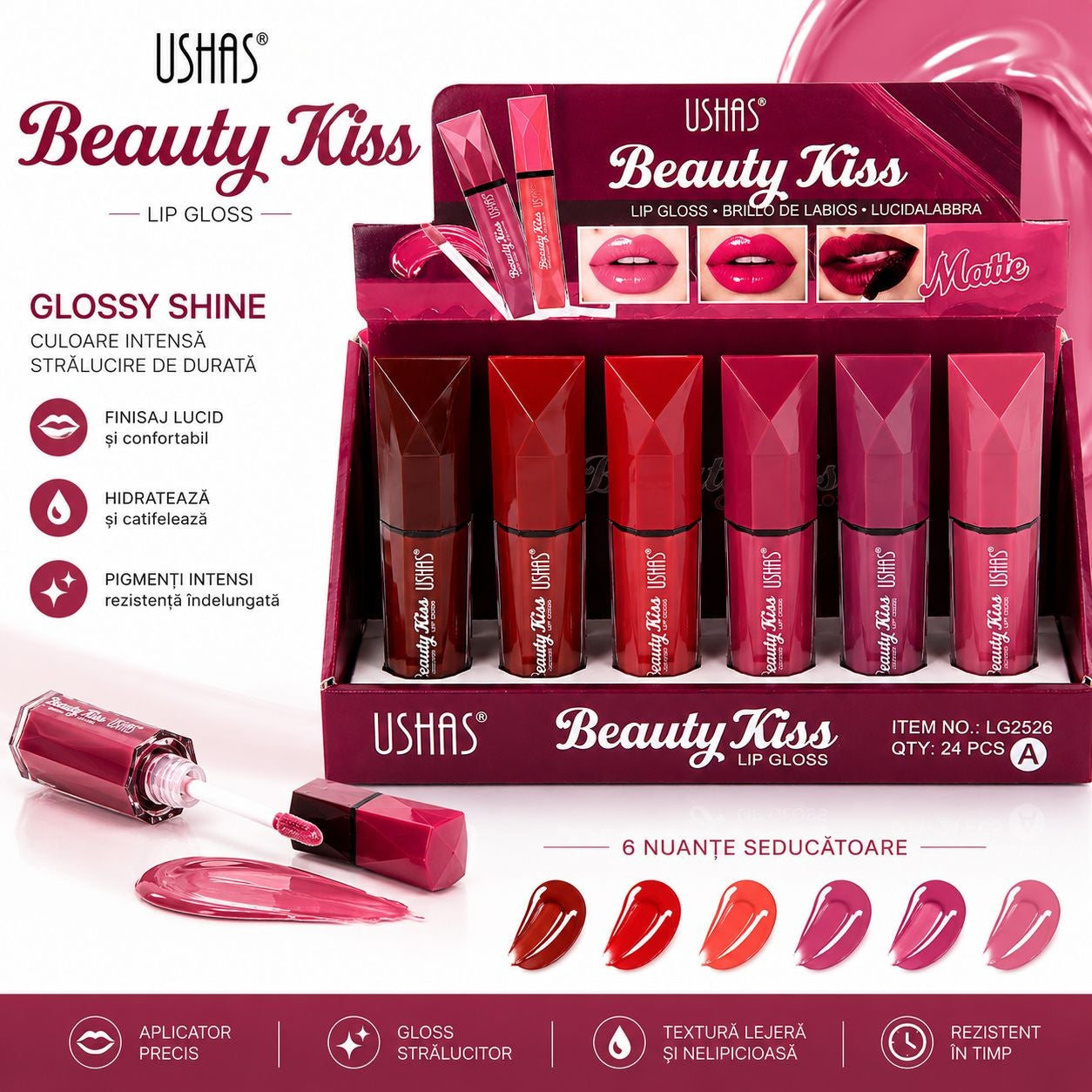 Set 24 Lip Gloss USHAS Beauty Kiss – 6 Nuanțe , Luciu Intens și Hidratare pentru Buze
