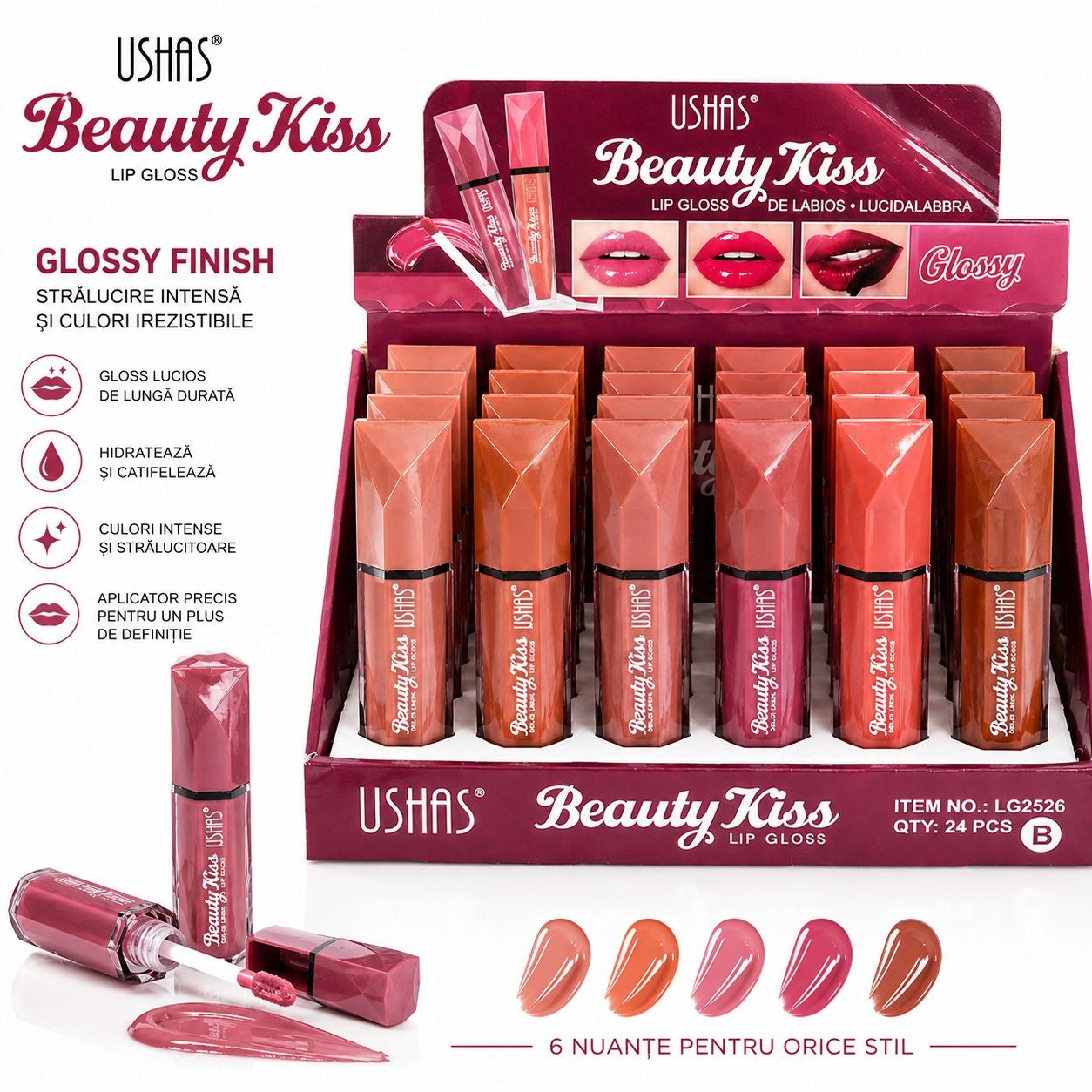 Set 24 Lip Gloss USHAS Beauty Kiss – Luciu Intens, Culori Naturale și Hidratare pentru Buze