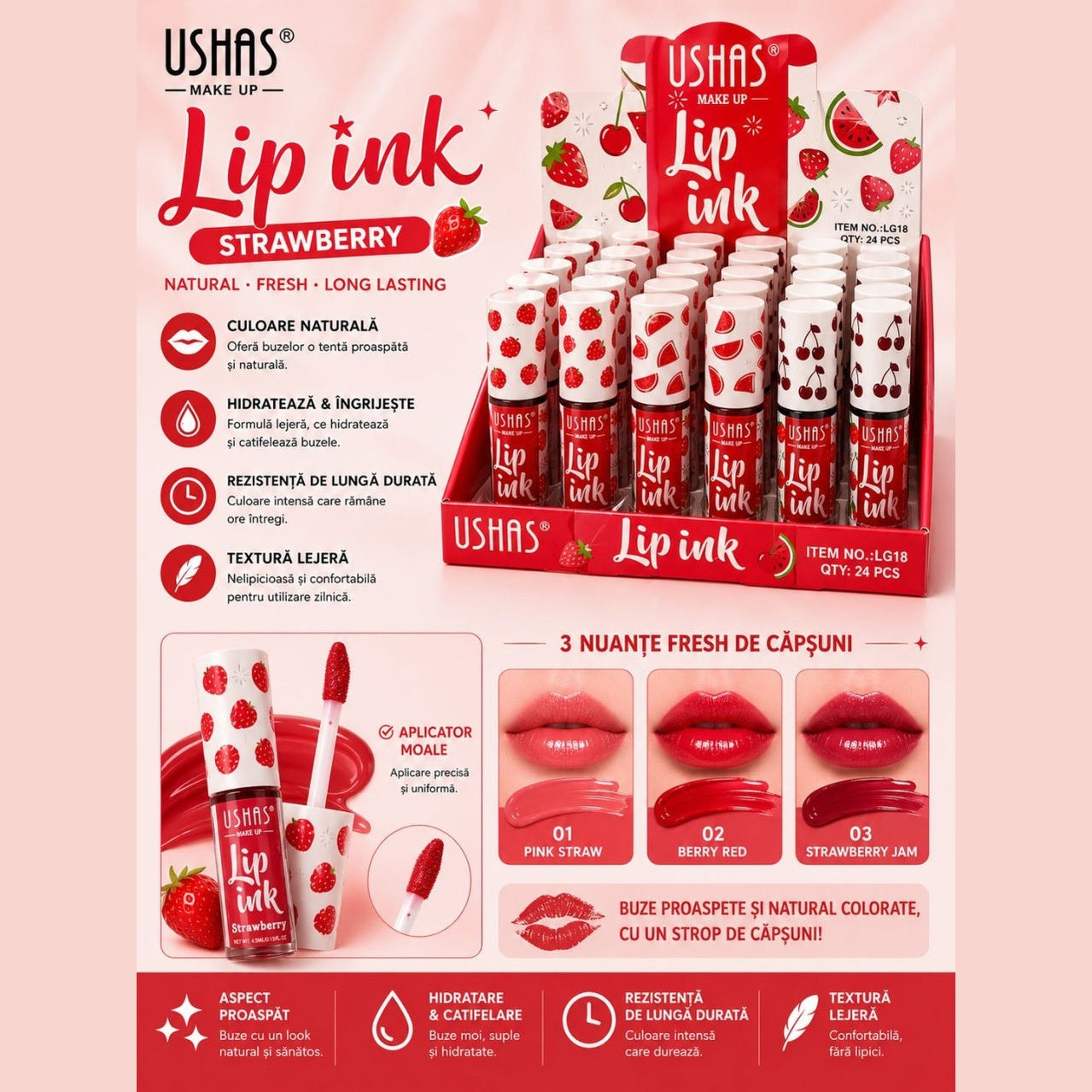Set 24 Lip Ink USHAS Strawberry – Tint pentru Buze cu Efect Natural, Rezistență Îndelungată