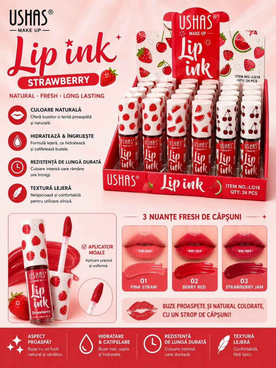 Set 24 Lip Ink USHAS Strawberry – Tint pentru Buze cu Efect Natural, Rezistență Îndelungată