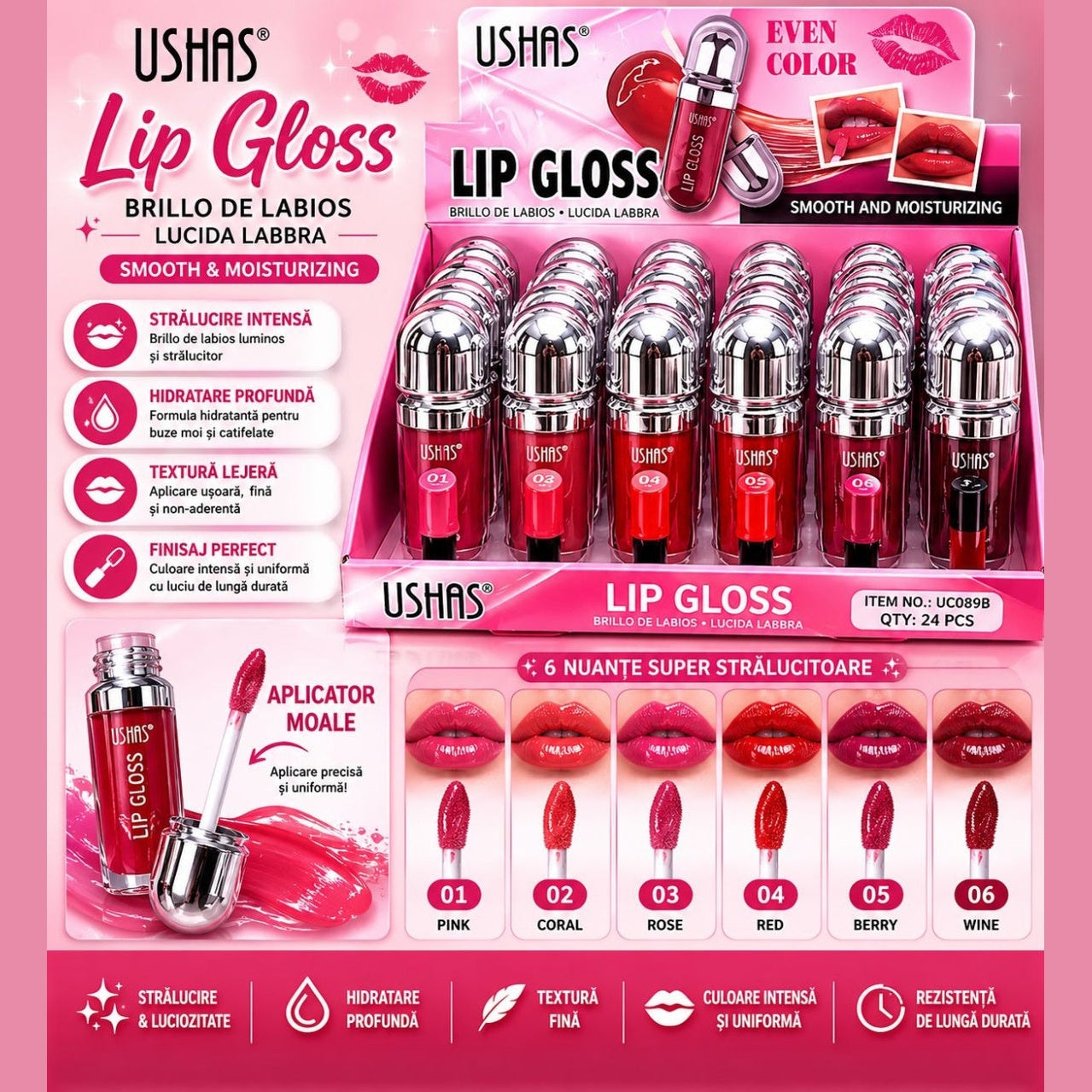 Set 24 Luciu de Buze Hidratante USHAS Lip Gloss Even Color – 6 Nuanțe Strălucitoare, Efect Glossy