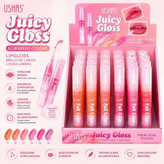 Set 24 Luciu de Buze USHAS Juicy Gloss – 6 Nuanțe Strălucitoare, Hidratare Intensă