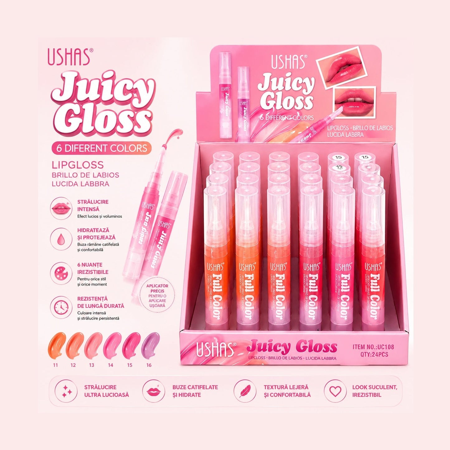 Set 24 Luciu de Buze USHAS Juicy Gloss – 6 Nuanțe Strălucitoare, Hidratare Intensă