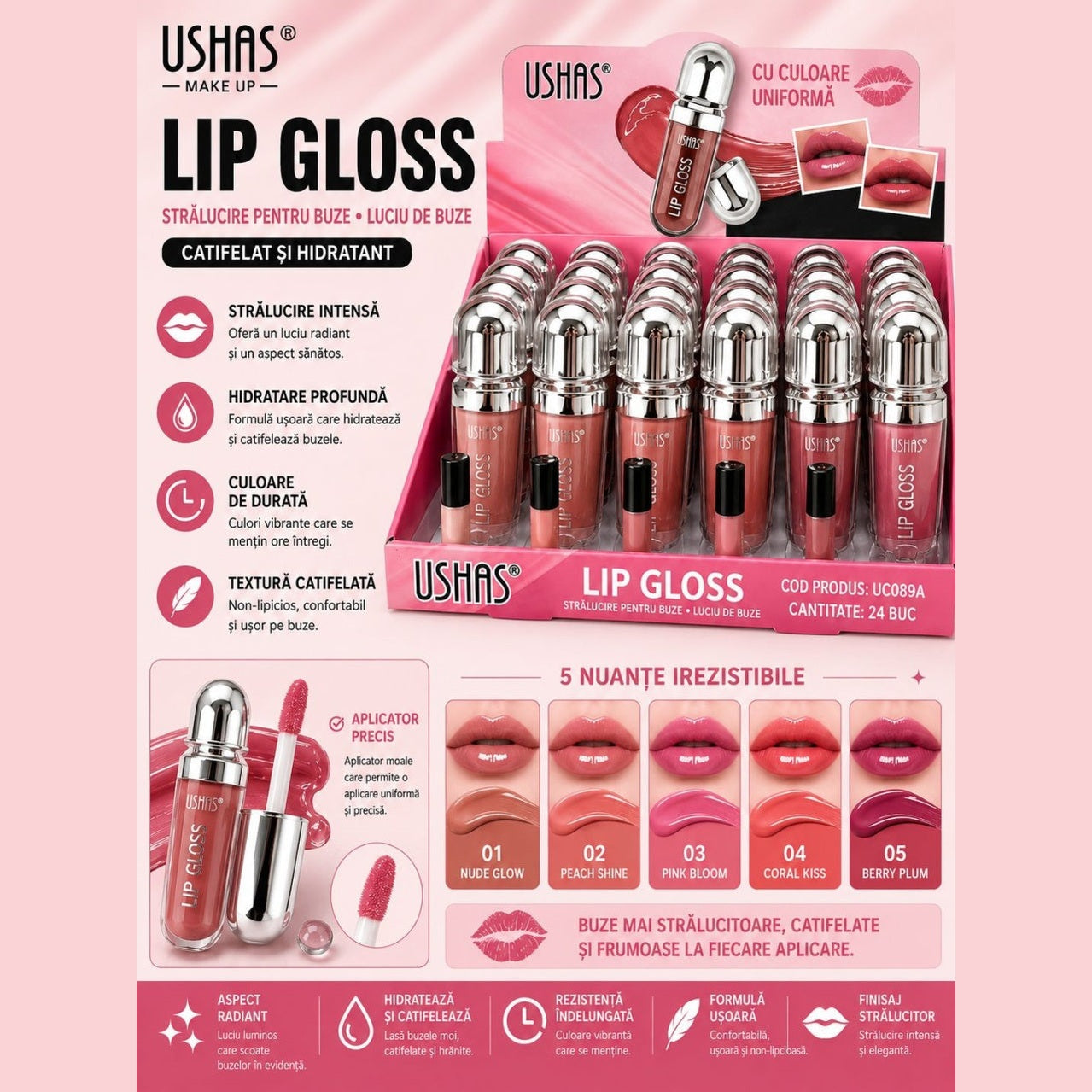 Set 24 Luciu de Buze USHAS Lip Gloss – Nuanțe Nude , Hidratare și Strălucire Intensă
