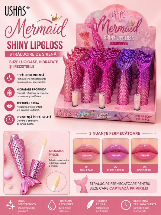 Set 24 Luciu de Buze USHAS Mermaid Shiny Lipgloss – 3 Nuanțe Perlate, Efect Strălucitor