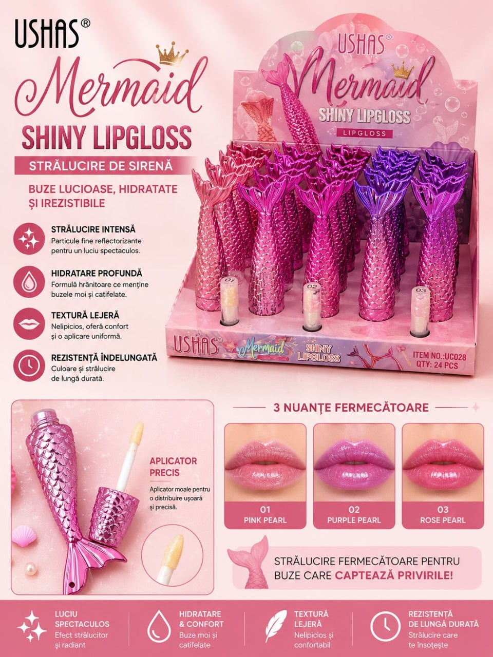 Set 24 Luciu de Buze USHAS Mermaid Shiny Lipgloss – 3 Nuanțe Perlate, Efect Strălucitor